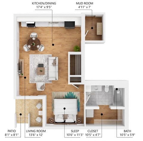 Floor plan for studio, 1 bath, 578 sqft